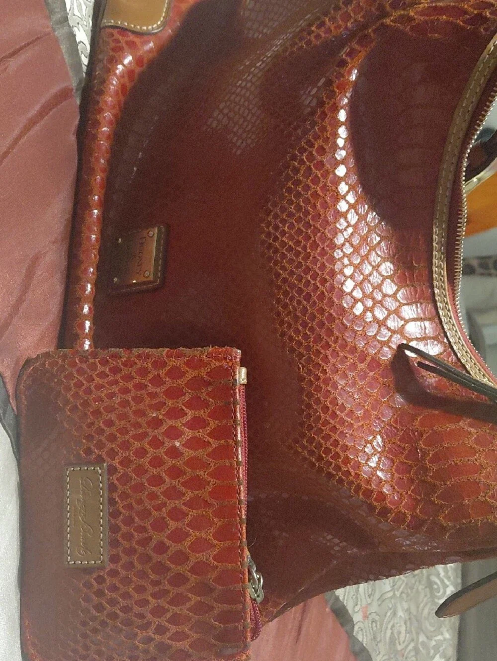 Dooney & Bourke Glossy Red Faux-Snakeskin Hobo with Brown Trim & Wallet